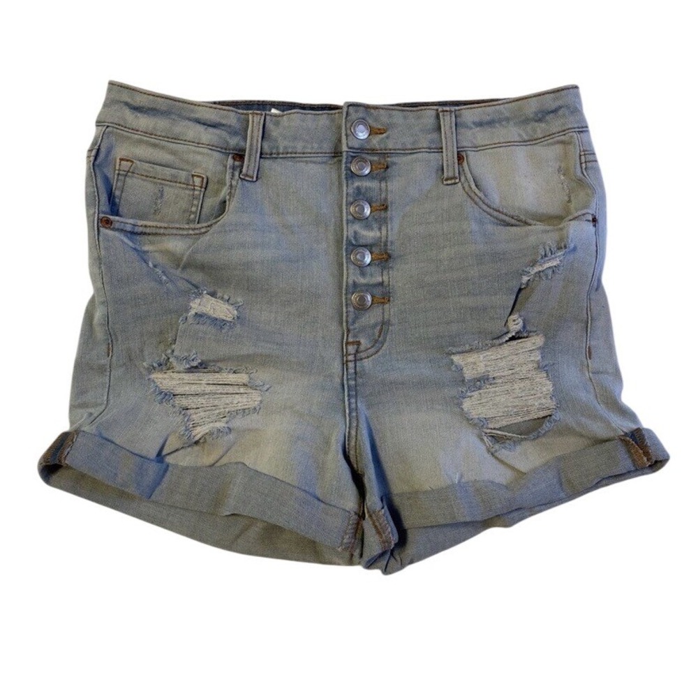 Aeropostale Button Fly Super High Rise Midi Jean Shorts Womens Size 14 Lightwash